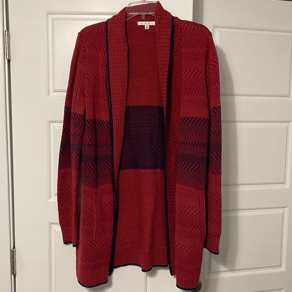 CAbi 897, Joy Cardigan, Open Front, red and navy with two pockets. Size medium.